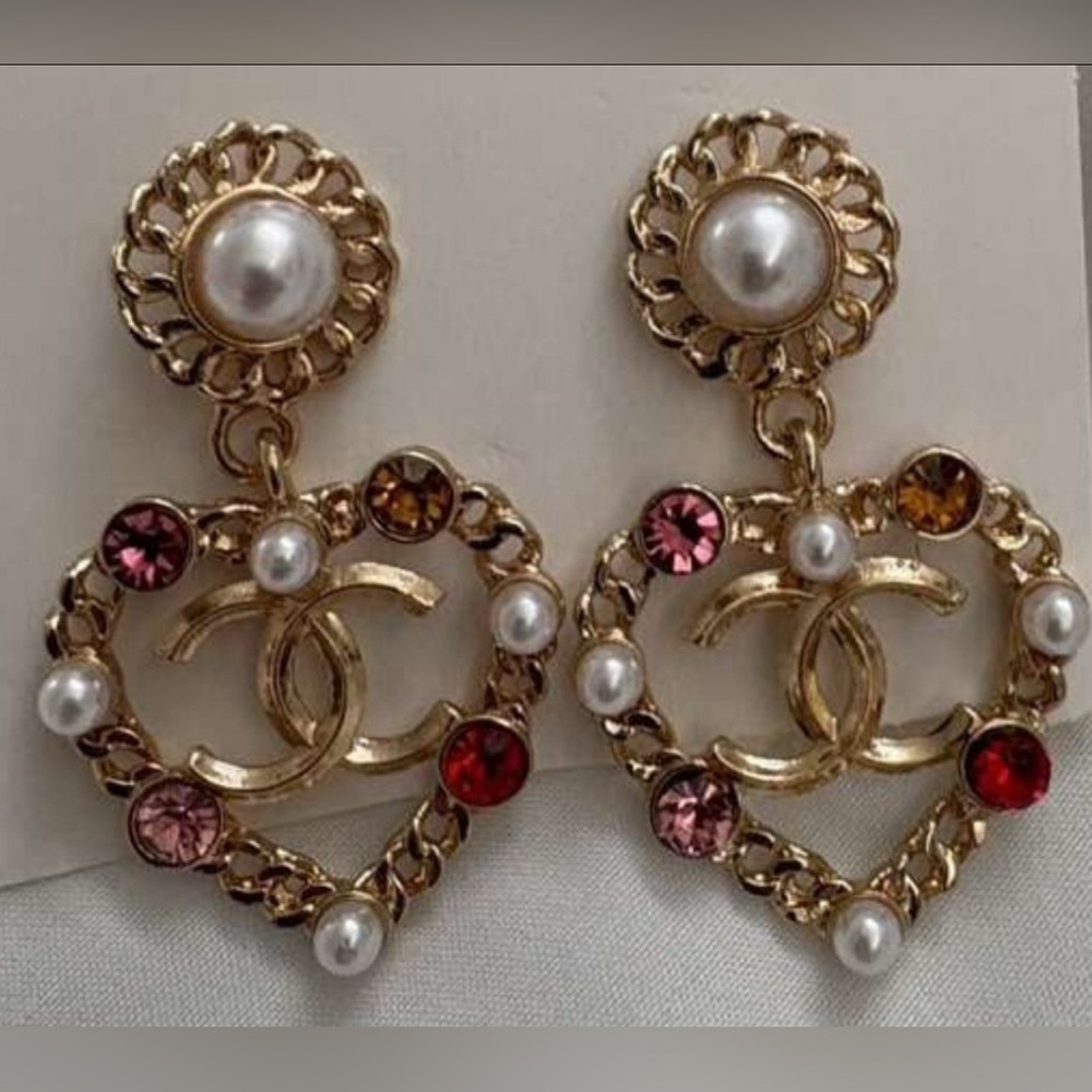 Gold , pink and Red Heart Earrings